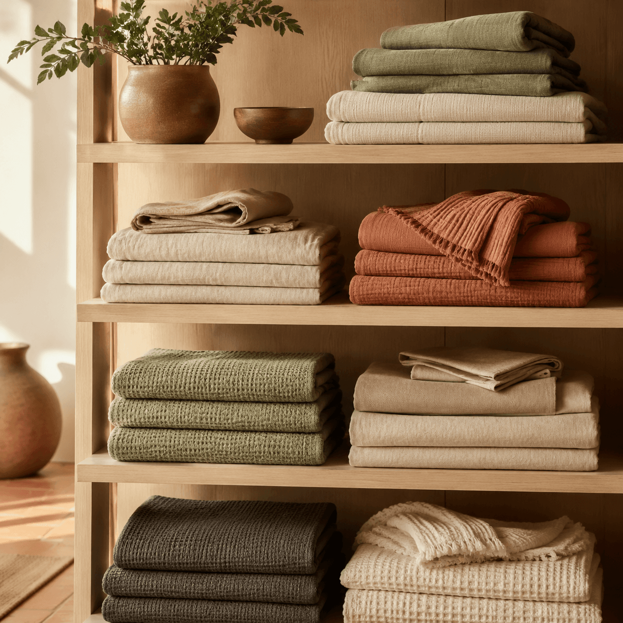 Folded home textiles on light wooden shelves