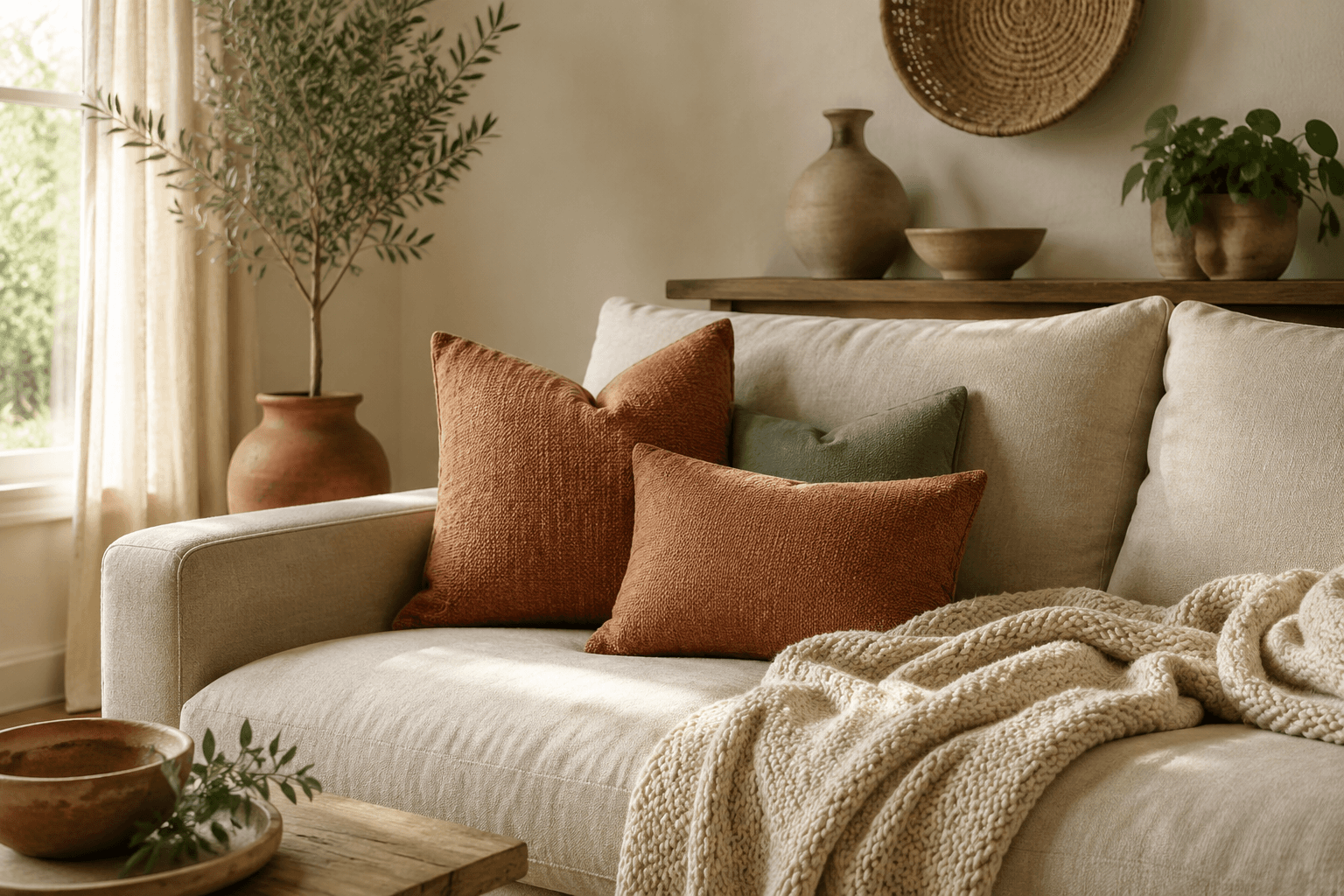 A linen sofa with a knit throw and textured pillows